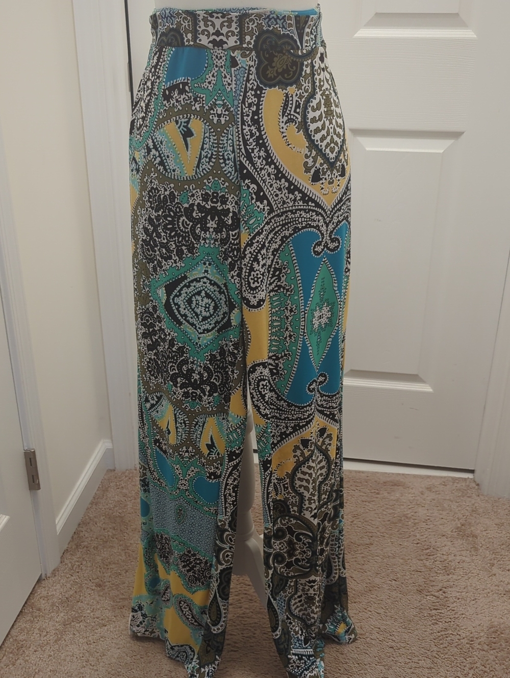 NY Collection Paisley Wide-Leg Jumpsuit Pants in Teal, Yellow & Black
